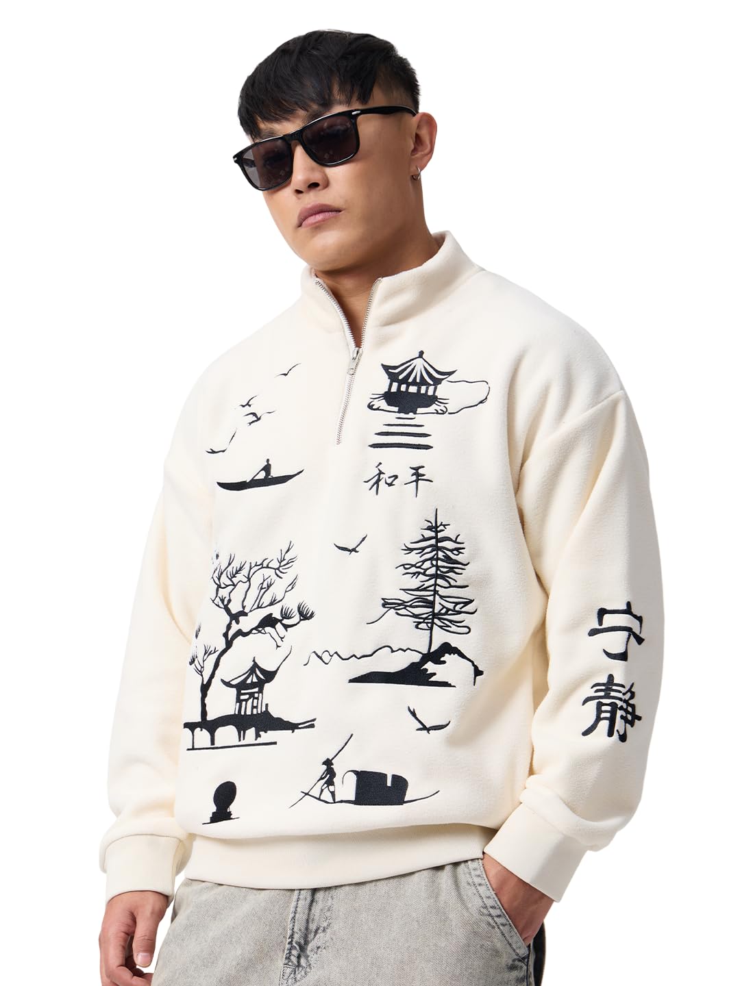 Serenity Men and Boys Long Sleeve Mock Neck Off White Embroidered Polyester Oversized Fit Warm Lightweight Half-Zip Fleece Sweatshirt-image-5