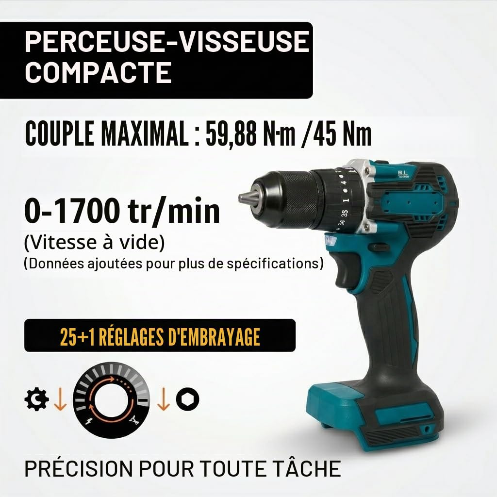 Ensemble d'outils électriques sans balais avec 4 batteries | Kit d'outils sans fil 21 V : perceuse combinée, clé à percussion, meuleuse d'angle et marteau perforateur | Kit d'outils de bricolage pour