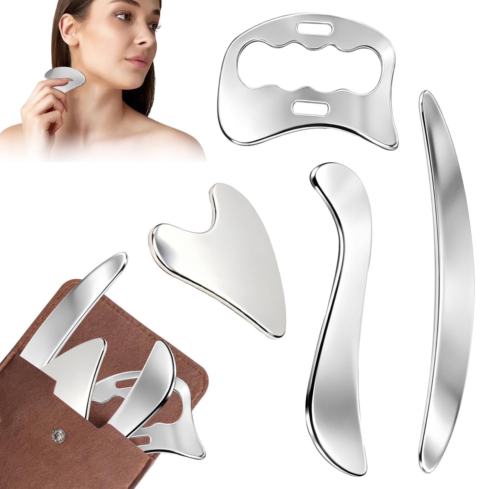 Gua Sha 4 w 1 stal nierdzewna, skrobak do mięśni, narzędzie do masażu drenażu limfatycznego, skrobak do masażu powięzi z filcową torbą do przechowywania nóg, pleców, twarzy, karku, masażu Gua Sha