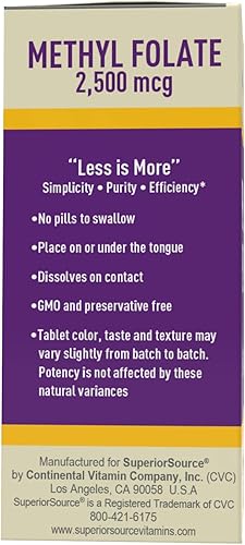 Miniatura 6 de Superior Source Metilfolato 5-MTHF 2,500 mcg, tabletas sublinguales de disolución rápida, 30 unidades, forma biológicamente activa de folato, salud