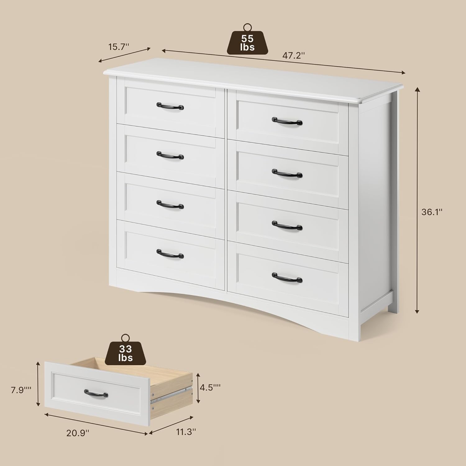 Gizoon 8 Drawer Dresser for Bedroom，Larger Chest of Drawers with Mental Handle for Kids Room, White Dresser with 8 Storage Drawers for Living Room, Entryway and Hallway, White