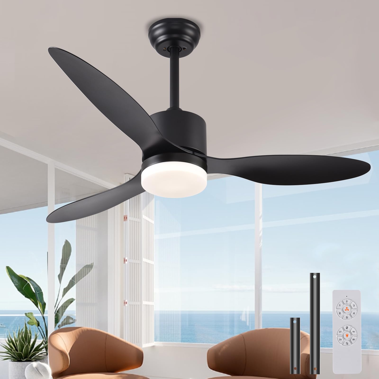 Ceiling Fans with Lights,42" Black Ceiling Fan with Light and Remote Control,6 Speed,Reversible,Noiseless,3 Blades Ceiling Fans for Bedroom,Patio,Living Room,Indoor
