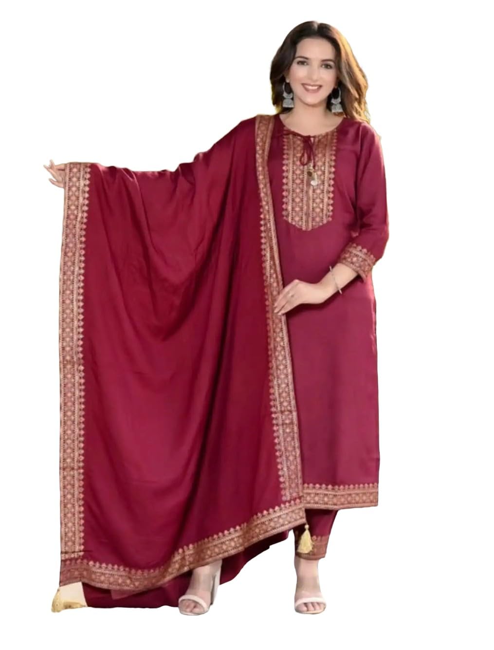 Women Maroon Embroidered Kurti Pant Dupatta Set.