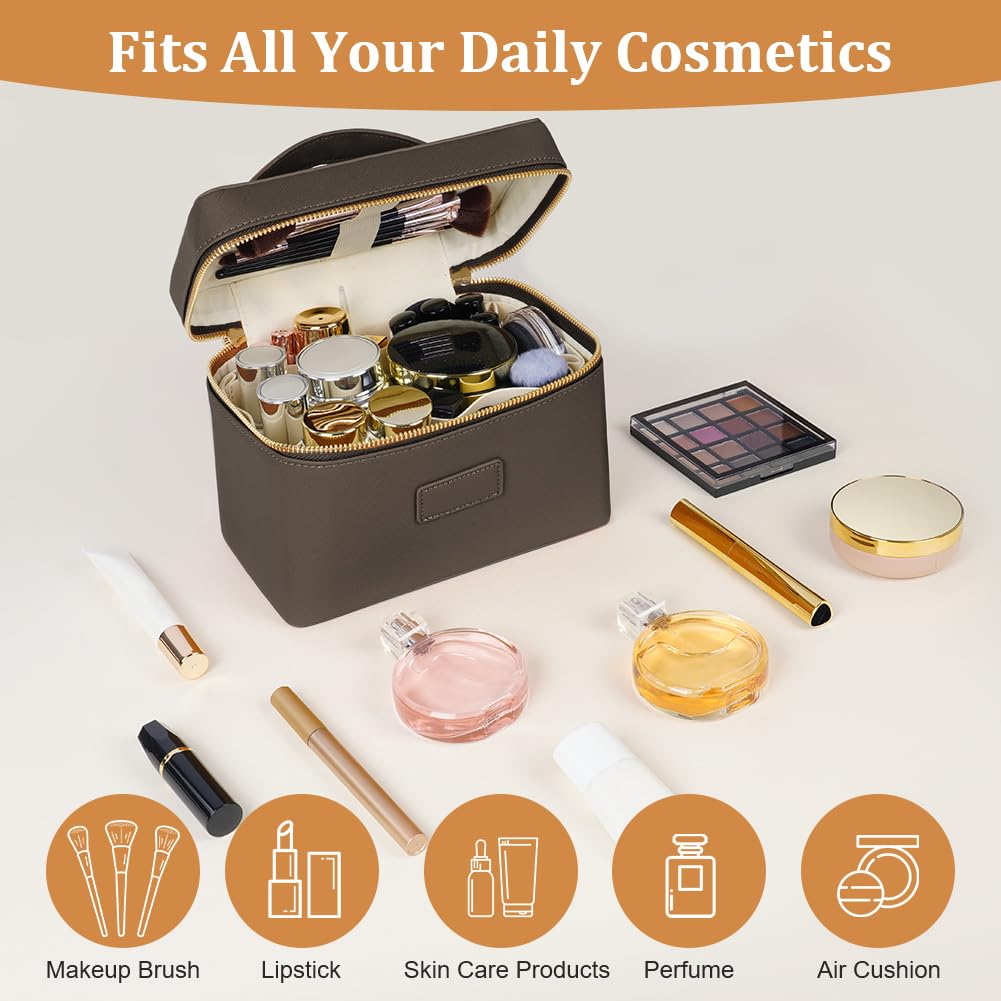 Bolsa de Aseo Mujer Maquillaje, Bolsas de Cosméticos de PU, Bolsa de Lavado de Viaje, Organizador Grande para Maquillaje, Neceser Makeup Bag Multifuncional, Regalo Ideal para Mujeres, Café Claro