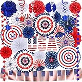 Supla 43 Pack Patriotic Decorations 4th of July Red White Blue Decorations American Flag Banner Hanging Paper Fans Star Garland Gold Glitter Dots Garland Streamers for Independence Day Memorial Day USA Party Decoration