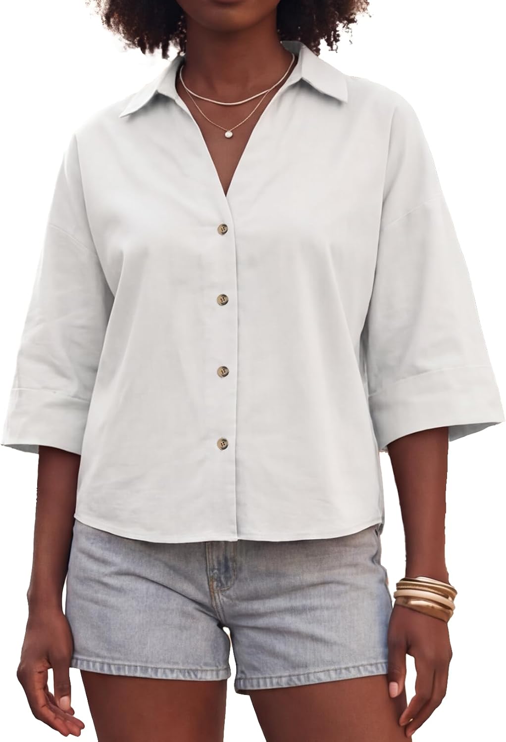 VNIRA Womens Oversized Button Down Shirts 3/4 Sleeve Blouses Casual Loose Fit Cotton V Neck Collar Summer Tops Plus Size