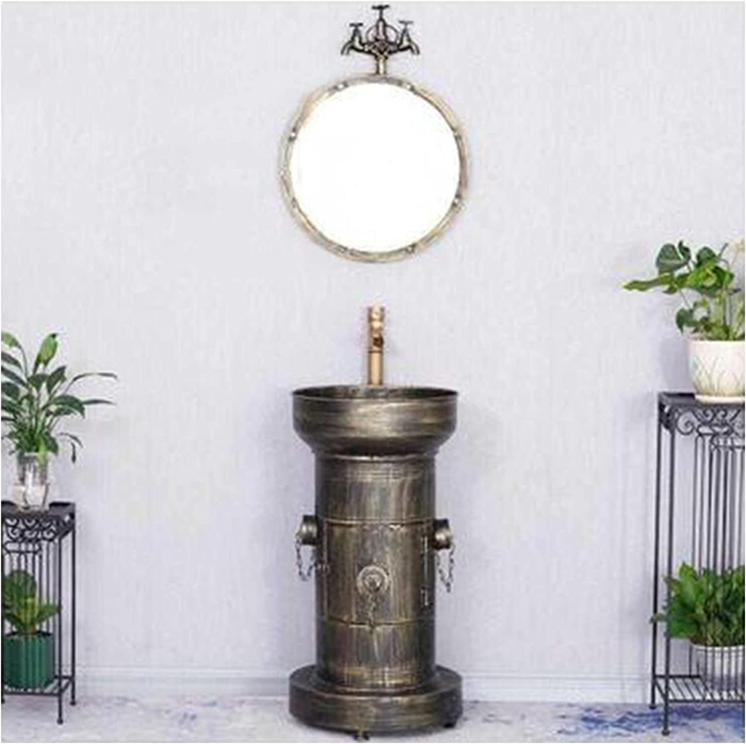 OLSKFUH Freestanding Pedestal Sink Floor Standing Art Sink Modern Bathroom Single Vanity Unit, Free Standing Vanity Unit With Basin Storage Furniture With Faucet And Drain 16.9 X,Bronze-With mirror