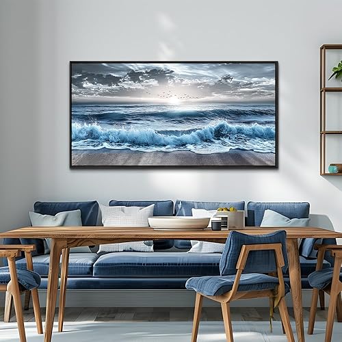 Miniatura 7 de ERQINHUA Decoración de pared para dormitorio, comedor, arte de pared para sala de estar, oficina, decoración de playa azul, pinturas de olas de mar,