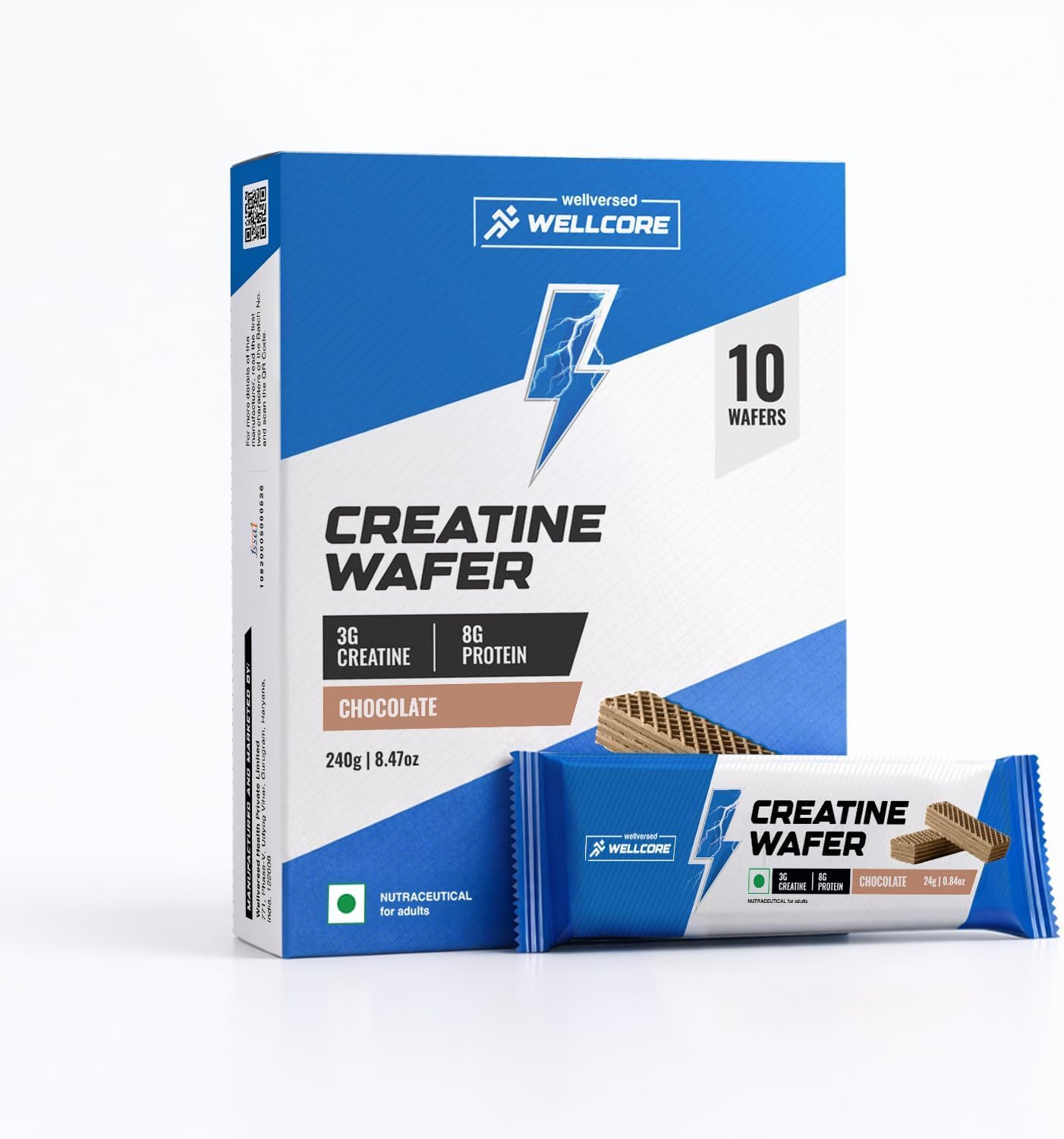 Wellcore - Creatine Wafer Bar | Chocolate Flavour (Pack of 10) | No Added Sugar | 3g Creatine Monohydrate | 8g Protein | For Increased Muscle Growth & Recovery | 100% Vegetarian