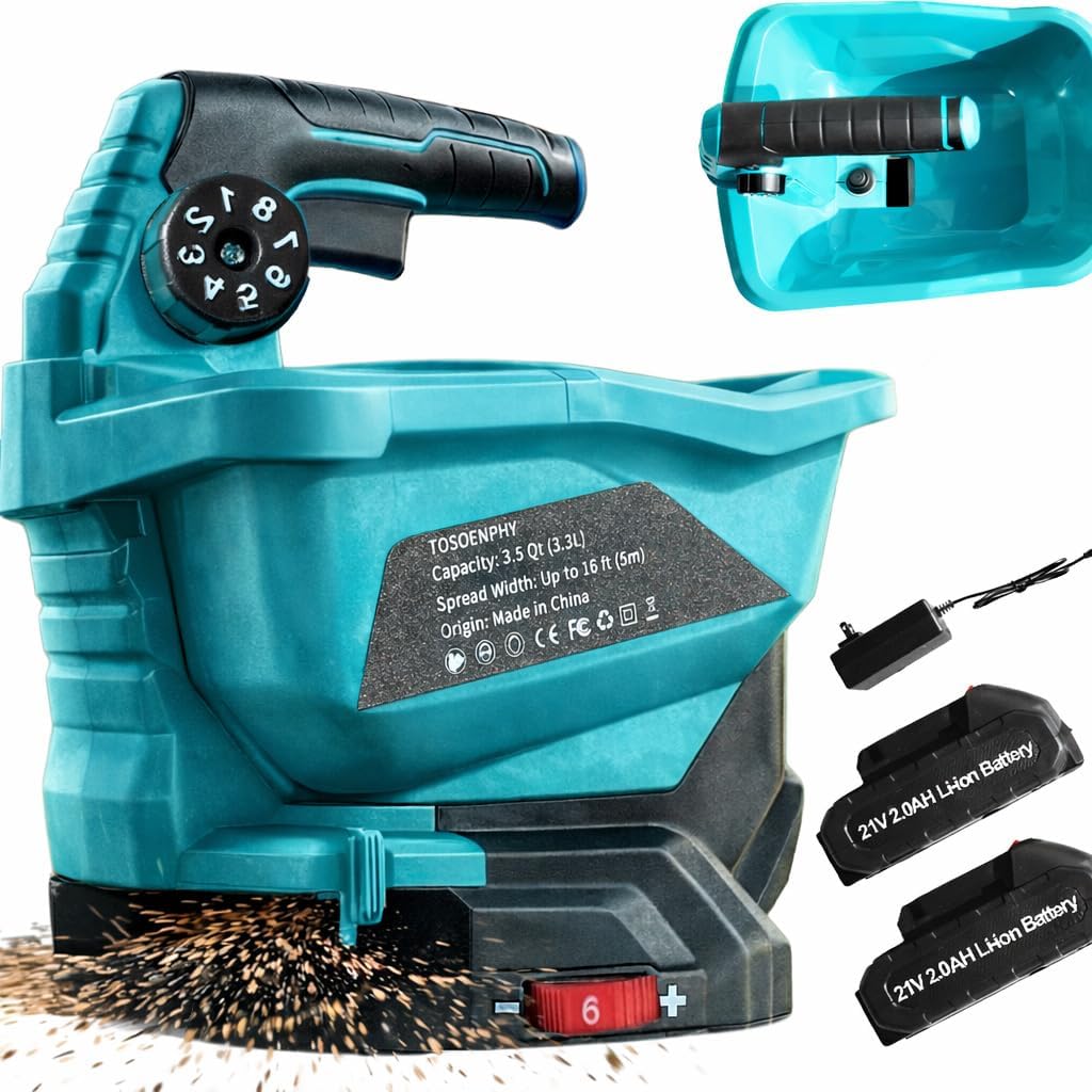 Fertilizer Spreader - 3.5Qt Electric Handheld Grass Seed Spreaders for Lawns with 21V 2x2Ah Batteries, Brushless Motor, 6 Speed & 8 Size Adjustable 125° Spread Angle, 16ft Spread Width, 8600 Sq.ft