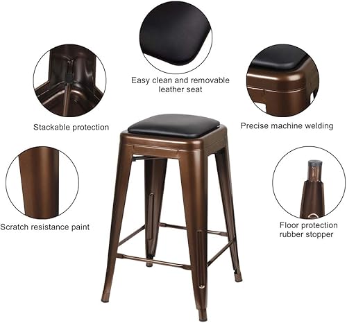 Miniatura 46 de GIA Taburete de mostrador sin respaldo de 24 pulgadas, cantidad de 4, bronce con asiento de madera clara Negro -,Café,Gris,gris, (Gun