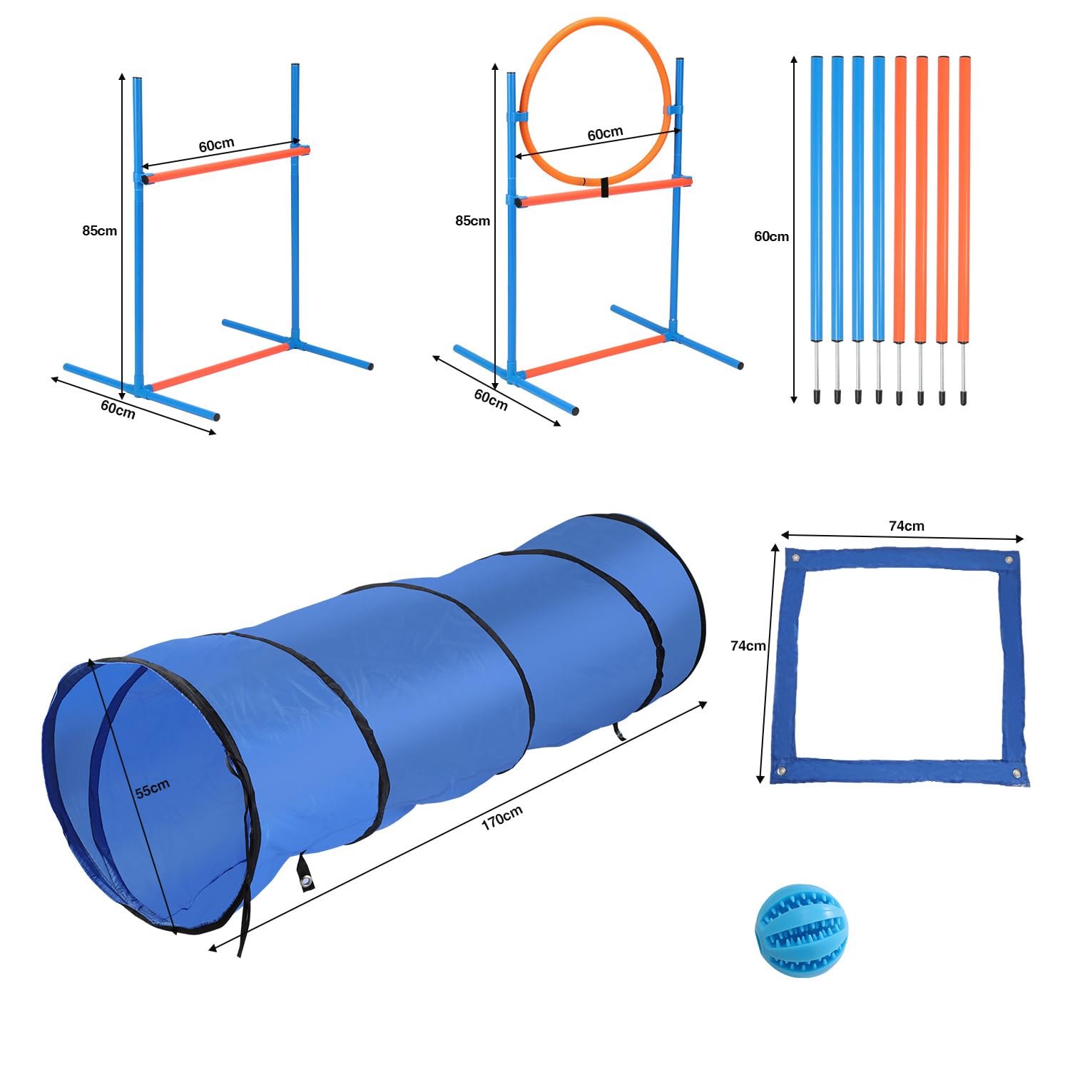 Agility Set Hunde, 5-teilig für Hundetraining & Freizeit | Zubehör umfasst Sprungring, Sprungstange, Tunnel, Slalomstangen, Pausenmarkierung, Ball, Pfeife und Transporttasche