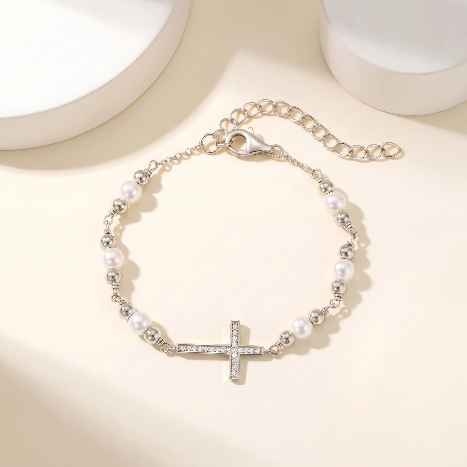 E Kreuz Armband Kinder Mädchen Silber 925 Perlen Taufarmband Verstellbare, Geburtstag Tauf Erstkommunion Konfirmation Geschenk für Mädchen Kinder