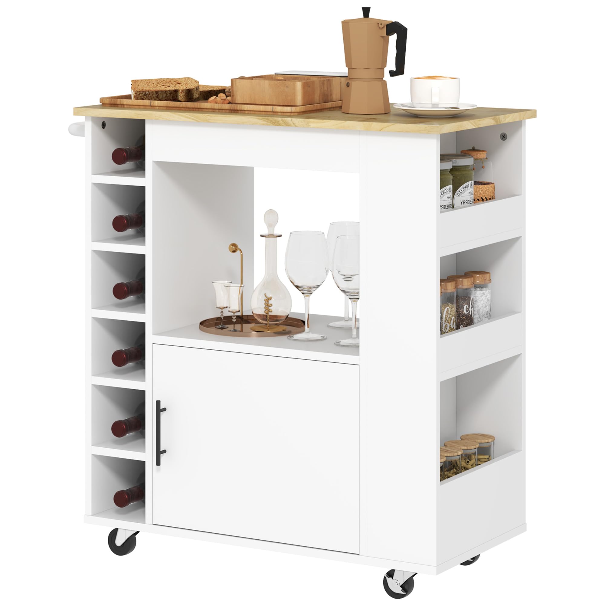 HOMCOM Carrello da Cucina con 6 Portabottiglie, 3 Ripiani Laterali e Armadietto con Cerniere Ammortizzate, Mobiletto Cucina con Portasciugamani e Piano in Legno di caucciù, 83x40x83cm, Rovere