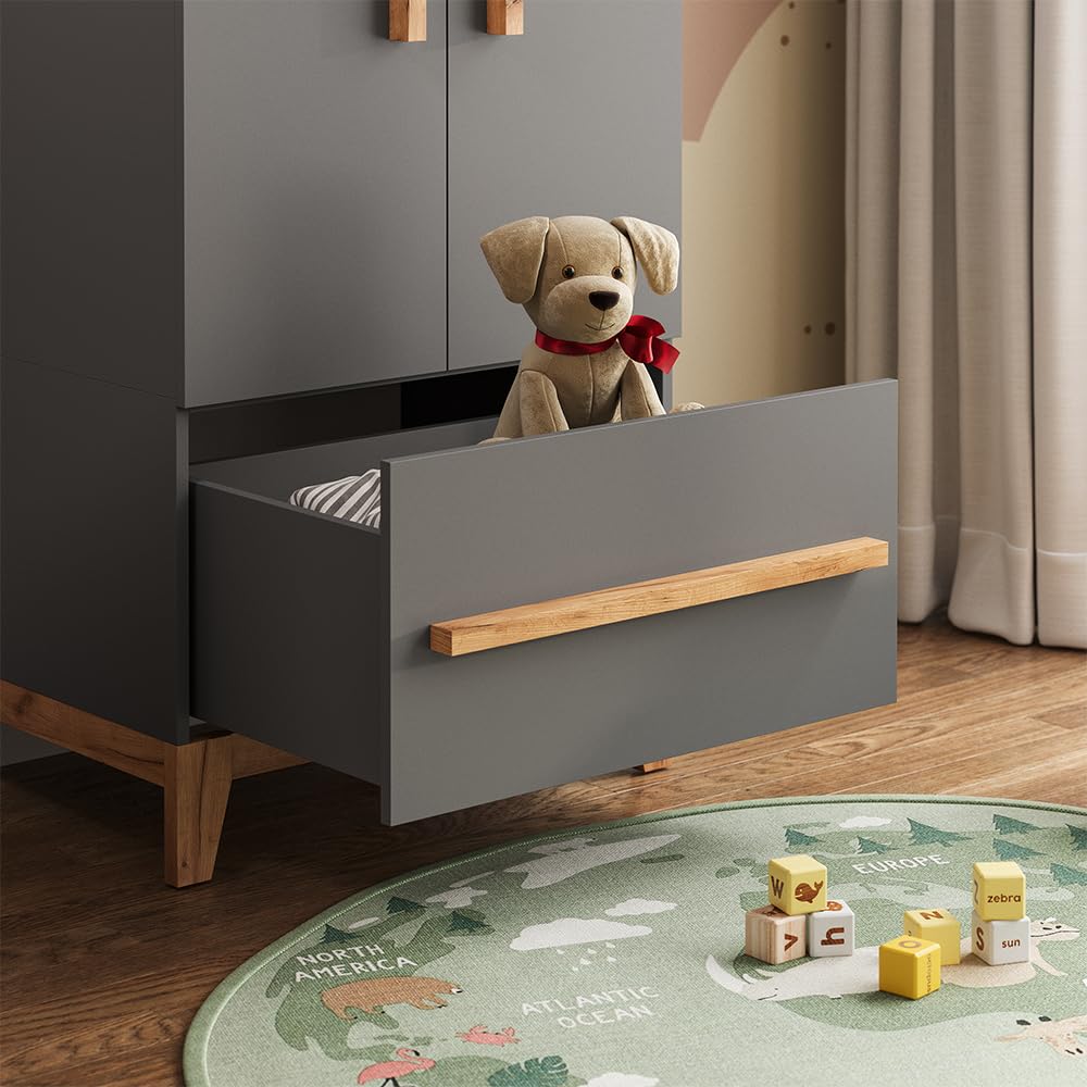 VitaliSpa Set de Chambre d'enfant Malia, Gris/chêne, Lot de 4, adapté à l’Extension avec d’Autres Meubles Malia