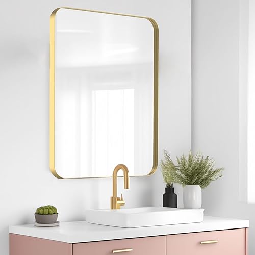 Espejo rectangular dorado de 26 x 38 pulgadas, espejo de pared grande para tocador de baño, espejo grande con esquina redondeada para colgar en