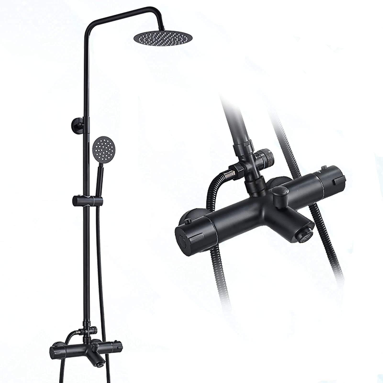Système de douche thermostatique noir mat avec mitigeur anti-brûlure et bec baignoire cascade