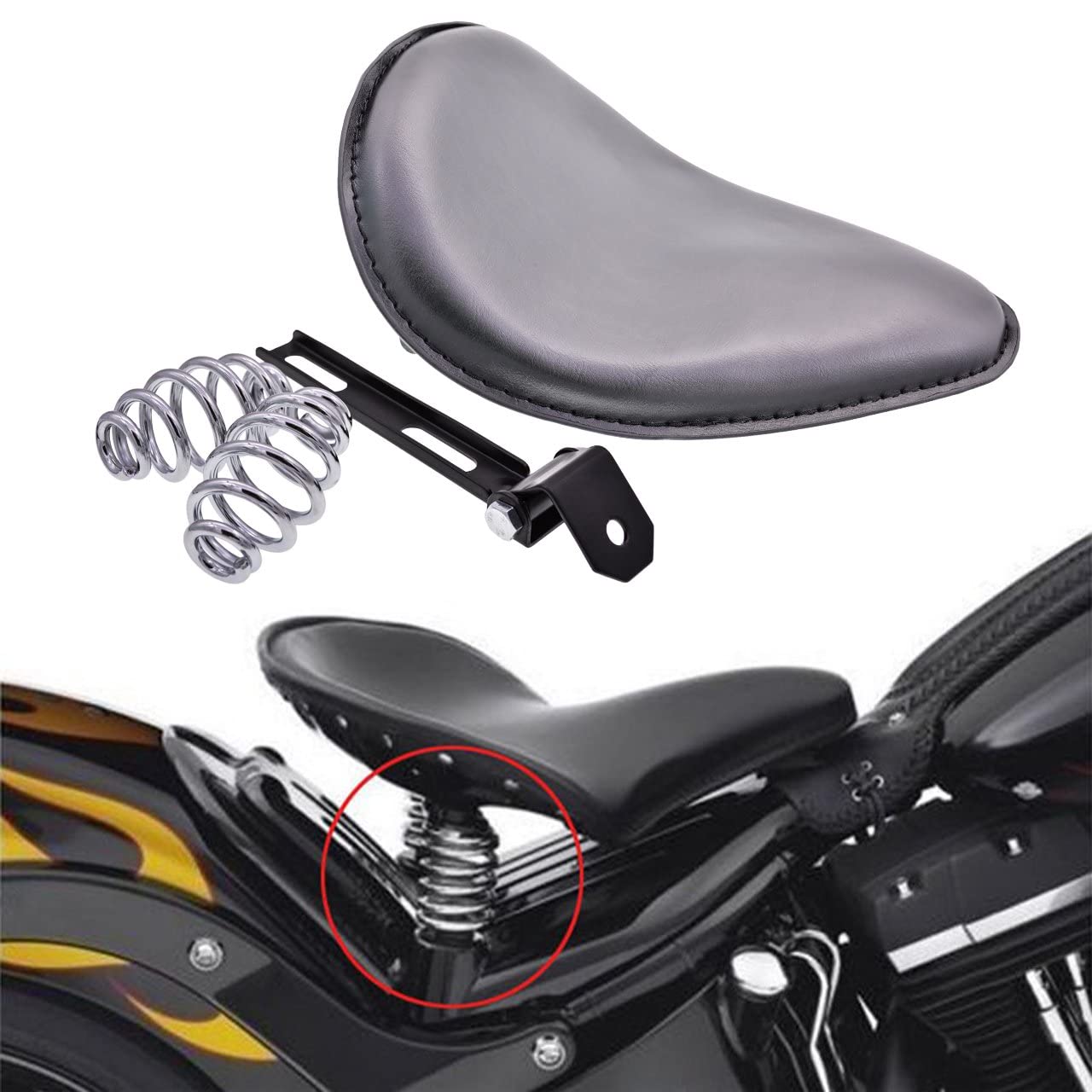 KaTur Skórzane pokrowce na siedzenia motocyklowe z mocowaniem sprężynowym, do motocykli Harley Davidson, Honda, Yamaha, Kawasaki i Suzuki 8 cm, czarny