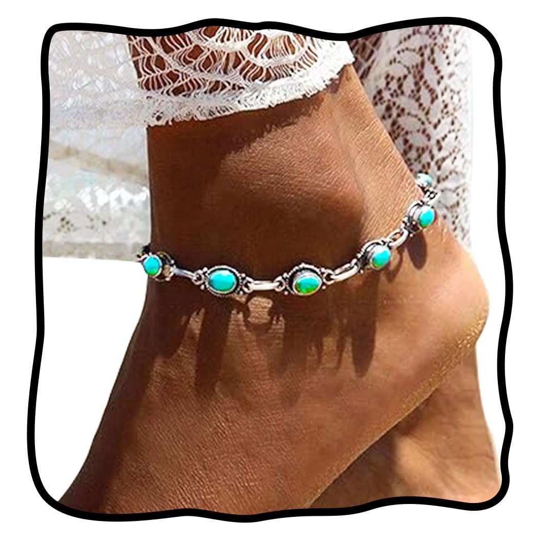 Boho Turquoise Anklet Black Vintage Ankle Summer Beach Adjustable Foot Jewelry for Women (Black)