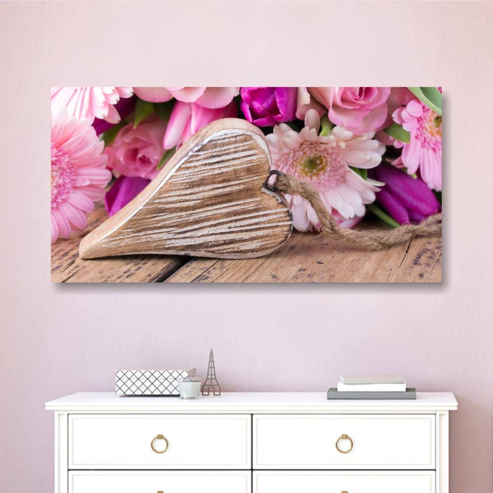Quadri L&C ITALIA Cuori e Fiori Shabby Chic - Quadro Moderno per Cucina Soggiorno Camera da Letto Country Rustici 90 x 45 Stampa su Tela Canvas da Parete Rosa Viola