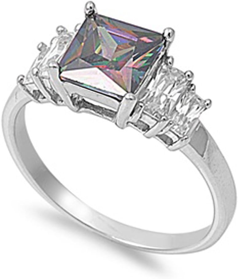 Rhodium Plated Sterling Silver Wedding & Engagement Ring Rainbow Topaz, Clear CZ Square Shape CZ Ring 8MM