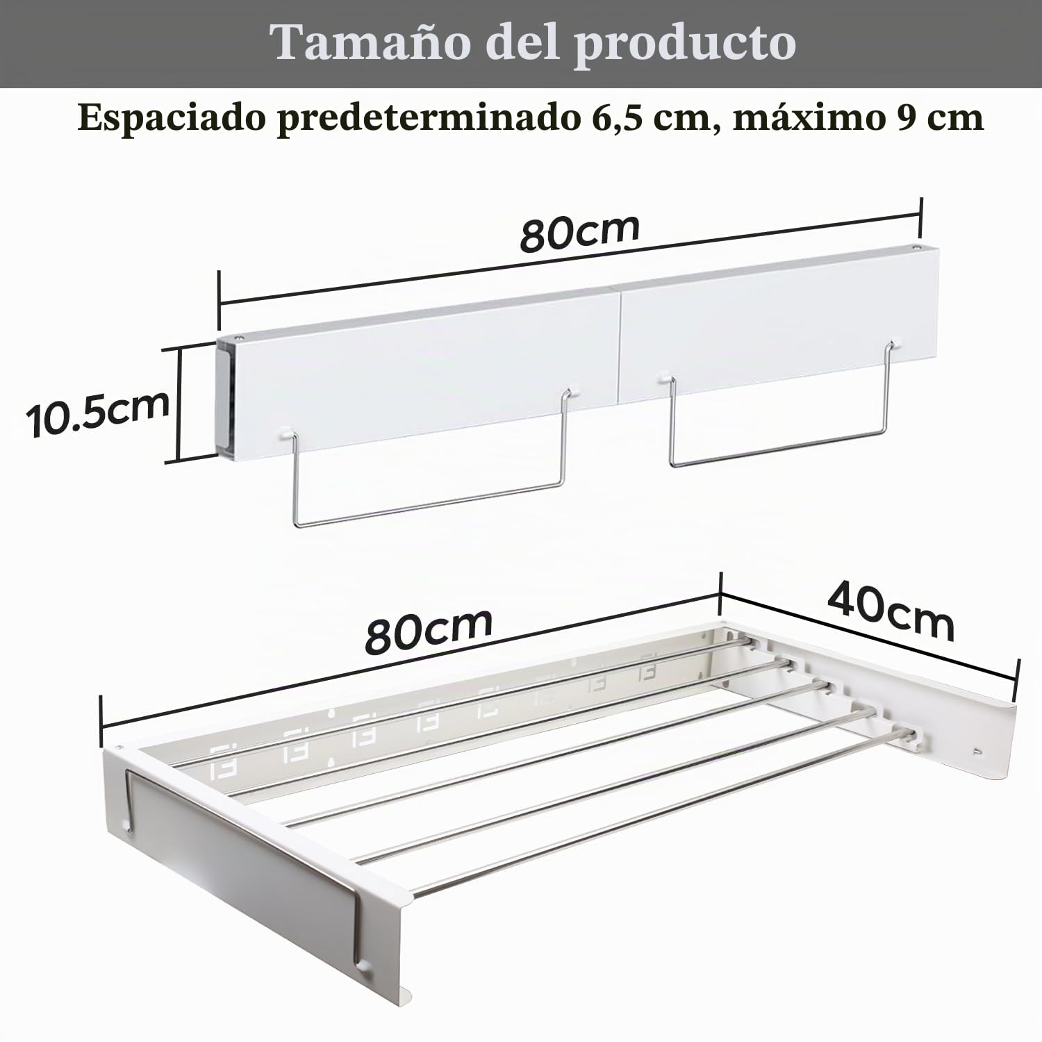 Tendedero montado en la pared, 80 cm, extensible, secador de pared con dos lengüetas, acero inoxidable, plegable, ahorra espacio, montado en la pared, tendedero para interiores y exteriores