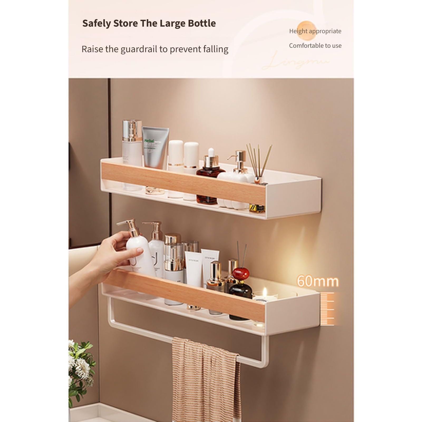 Badezimmer Wandregal ohne Bohren, Duschablage aus Kohlenstoffstahl mit Holzoptik, Wandorganizer mit Absturzsicherung, abnehmbares waschbares Fach, für Bad, Küche, Mietwohnung(White,40CM)