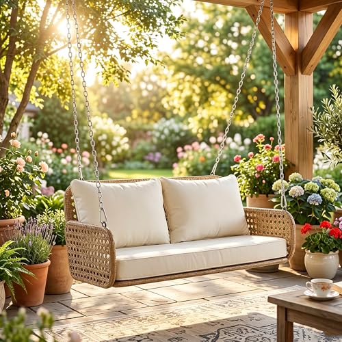 Balançoire Double de Jardin, balançoire Suspendue Double en rotin PE, Banc Suspendu Double avec Coussin et chaîne, Convient pour terrasse, Balcon ou Jardin.