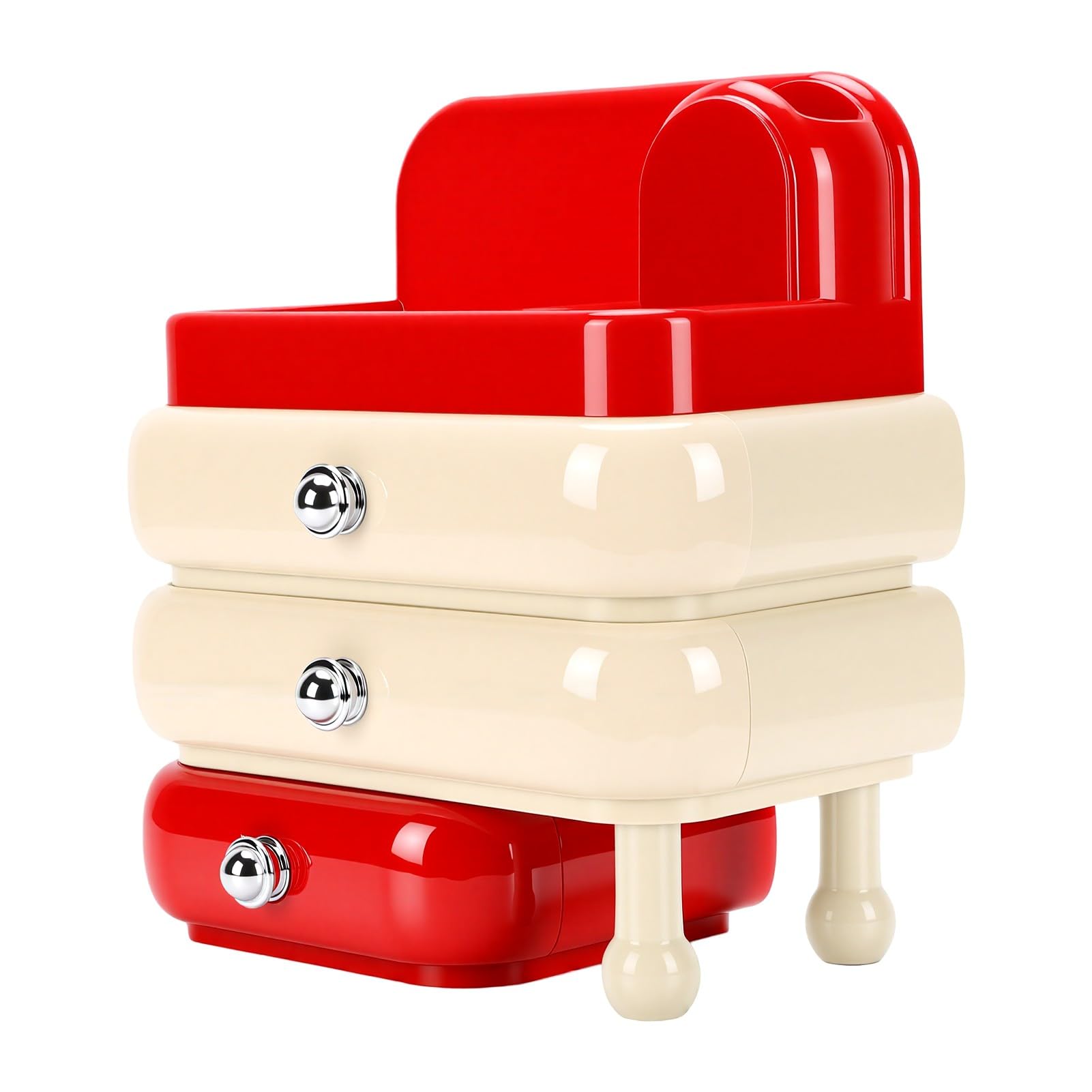 Organizador de Cosméticos Caja de Almacenamiento Elegante con 3 Cajones para Brochas de Maquillaje Cuidado de la Piel ABS Ligero 29,5 X 15,5 X 26, Cm (Roja)