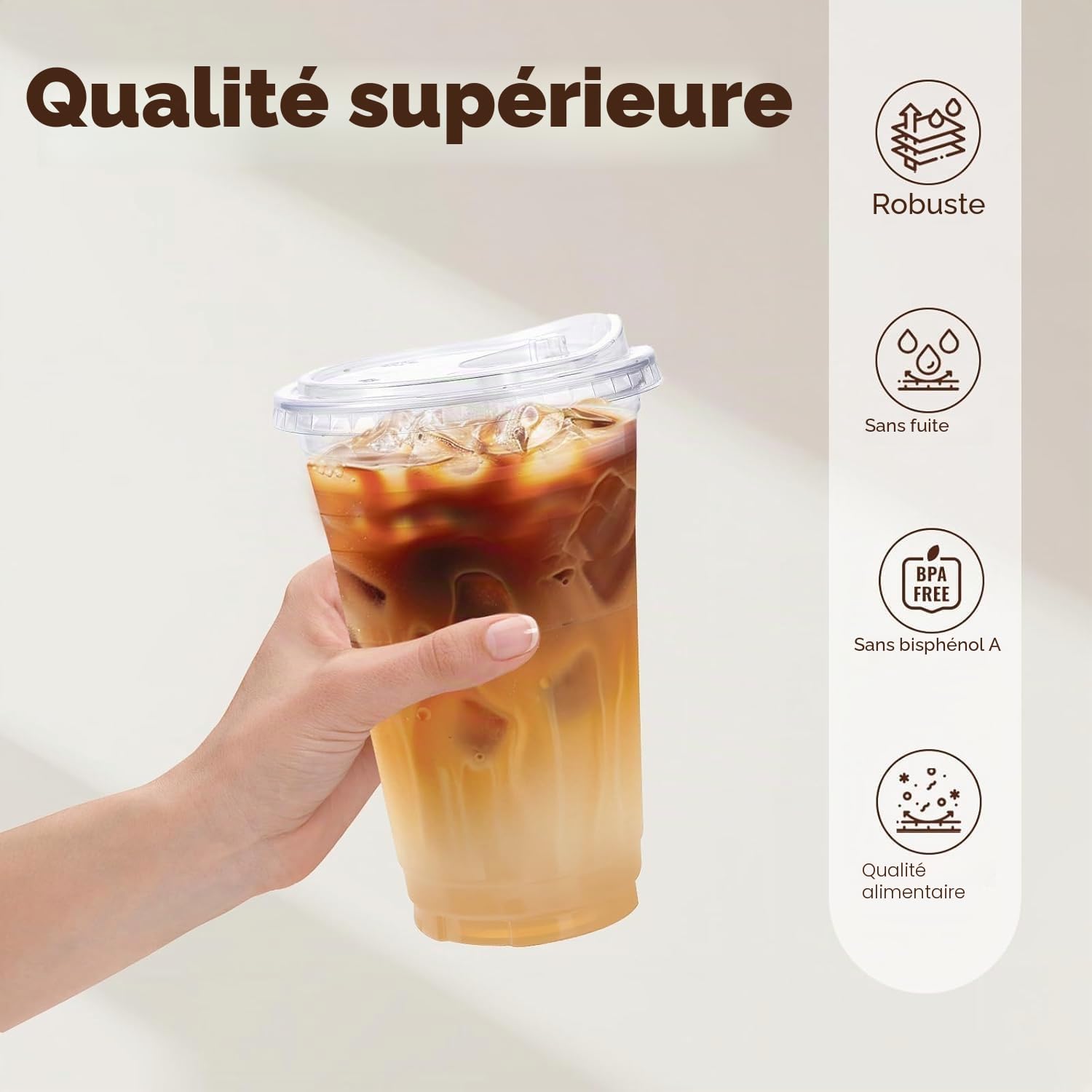 KAHEIGN 50 Pièces Gobelets en Plastique Transparent avec Couvercles, 480ml Gobelet à Café en Plastique Réutilisable Verres Élégants pour Glacé Café Smoothie Milkshake Froides Boissons Fêtes Traiteur
