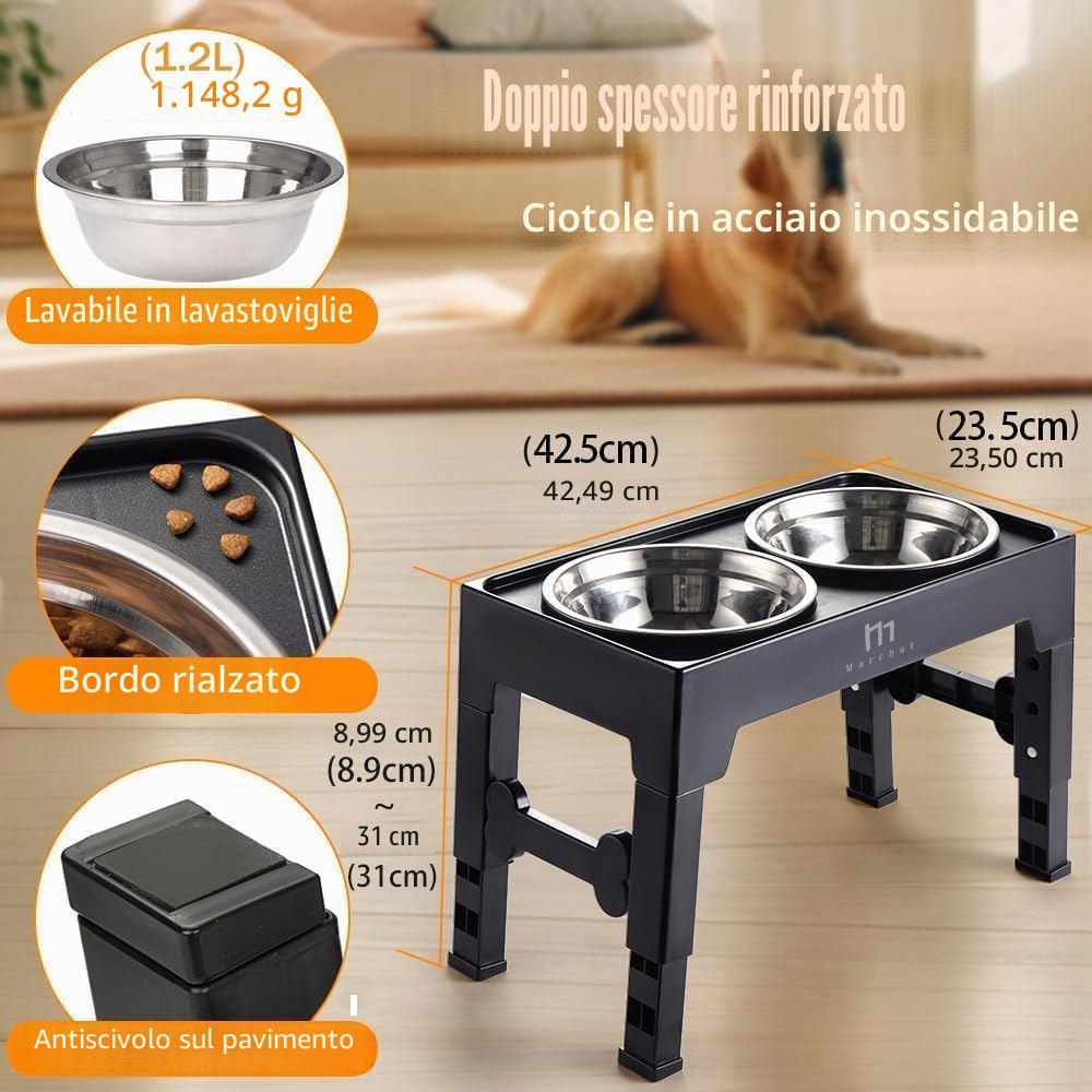 Marchul Ciotole Per Cani Rialzate, 4 Ciotole Rialzate Regolabili in Altezza con 2 Ciotole in Acciaio Inossidabile, Ciotola Antiscivolo Per Cibo e Acqua Per Cani con Supporto