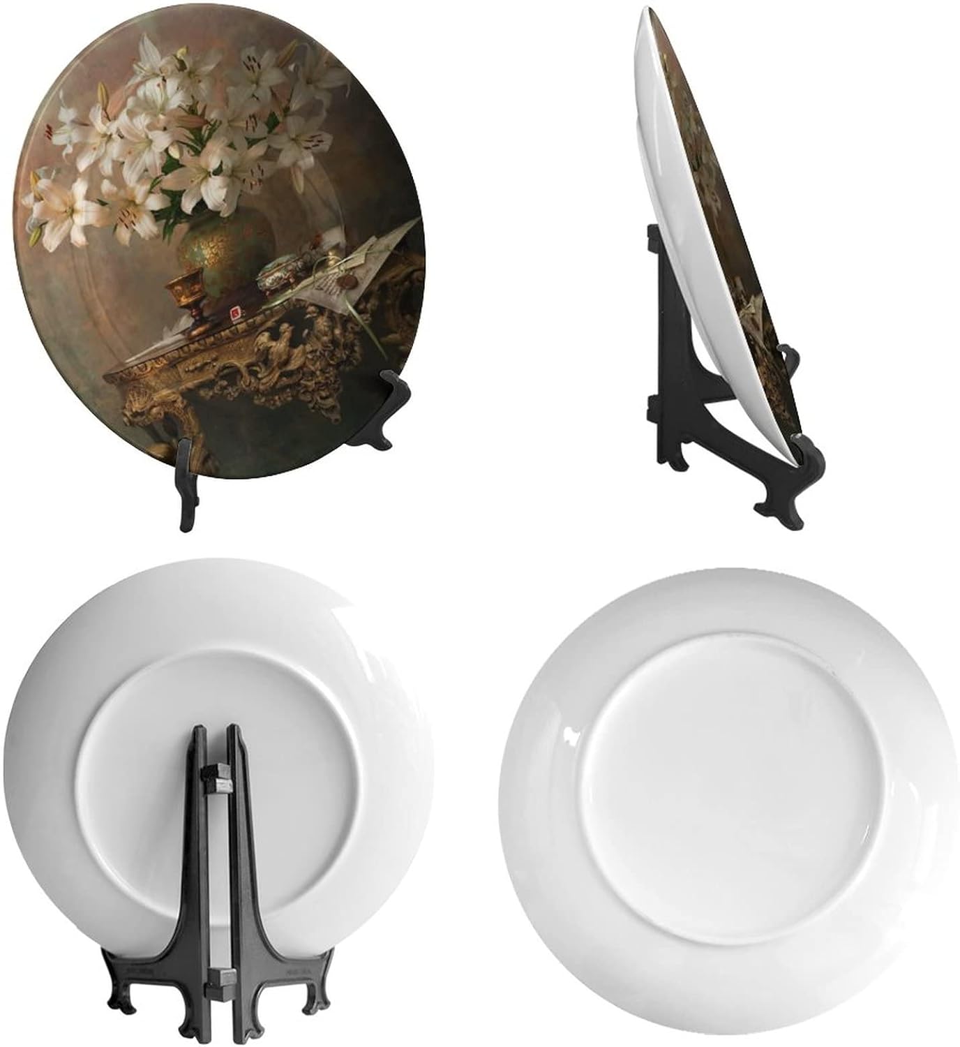 Still Life Flowers Ceramic Decorative Plates, Lilies in Antique Vase Decorative Plate, with Vertical Stand, Fit for Table Accessory Decor or Bedroom Living Room Bathroom Wall Hanging Decor, 6inch