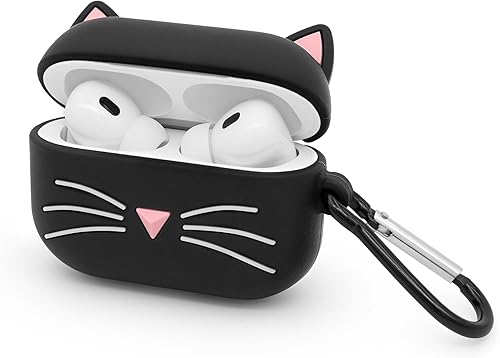 Dumkery Linda funda para Airpods Pro, funda para Airpods Pro 2 de gatos y gatitos con bigote negro, divertidos animales de dibujos animados en 3D, a