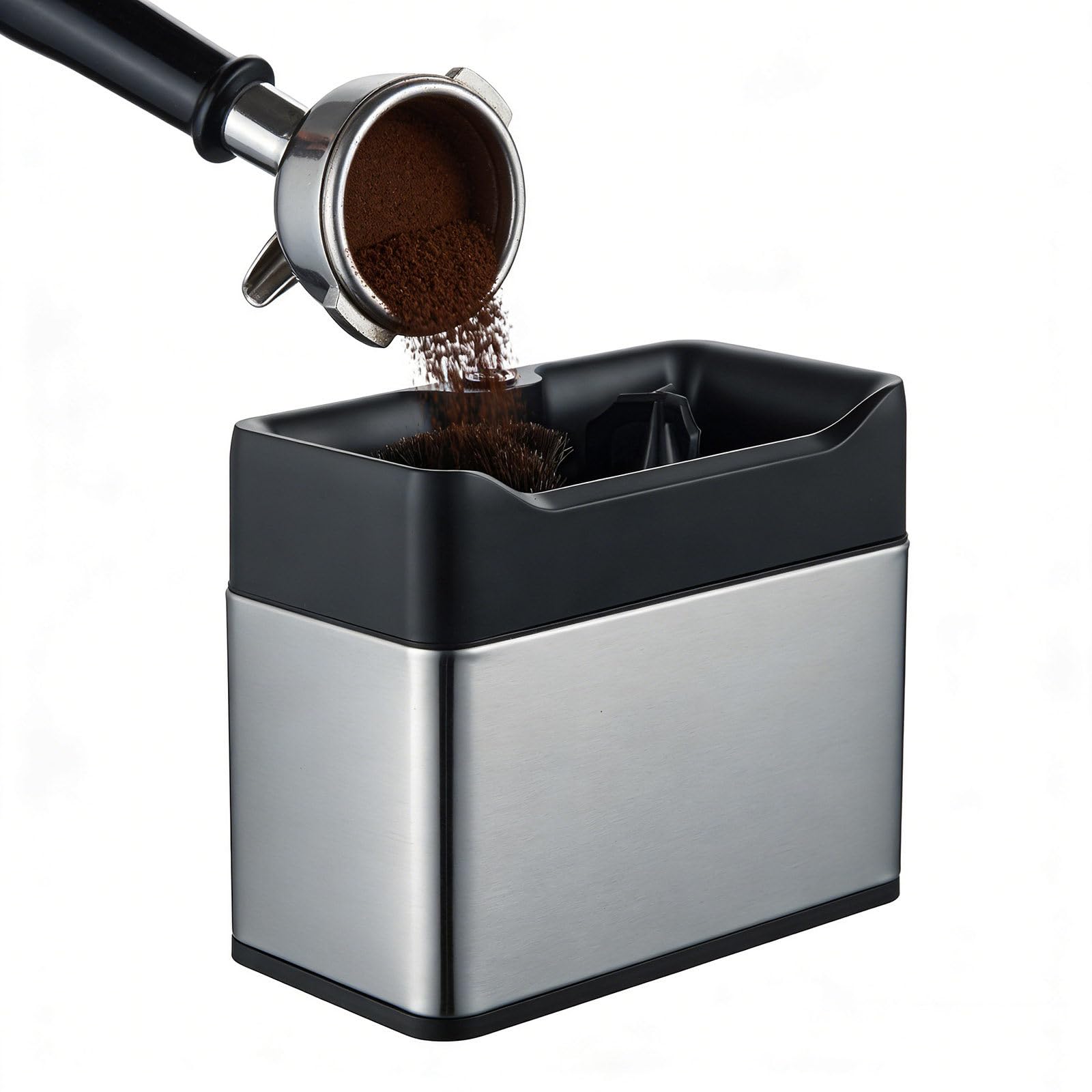 Elektrischer Portafilter-Reiniger mit Zwei Bürstenköpfen und Schabern für 58mm Portafilter, automatische Kaffee- und Bodenreinigungsmaschine, Silber-Finish