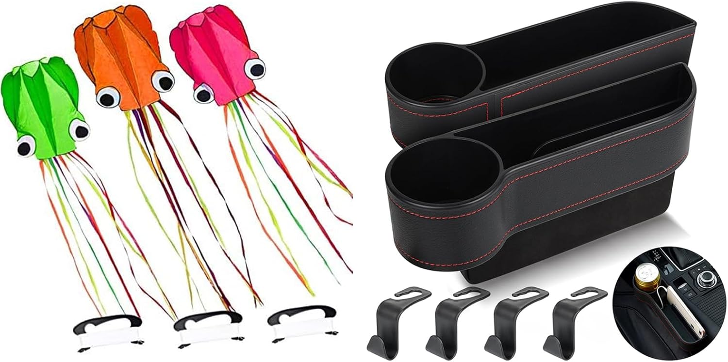 Kites for Kids Easy to Fly Large Kite 3 Pack, 3D Giant Kite 3 Colors Octopus Rainbow Kite Kit and 2 Set Car Seat Gap Organizer, Car Gap Filler Storage Boxes for Front Seat Console Side