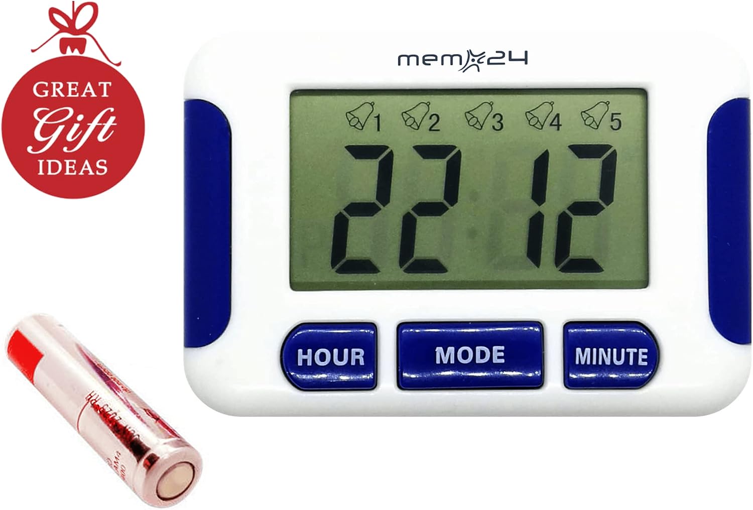 Multiple Alarm Medication Digital Pill Reminder, Five (5) Daily Alarms, Battery & Protective Case Included, Hang/Stand/Stick - by Memo24.