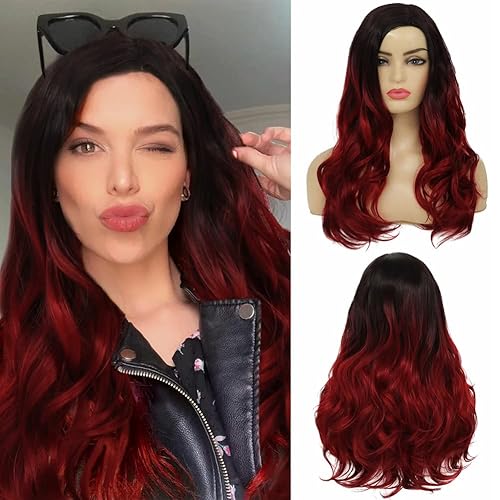 Kaneles Peluca rizada de color rojo degradado, pelucas de cabello largo ondulado para mujer, pelucas de fibra sintética negra y roja para fiesta de