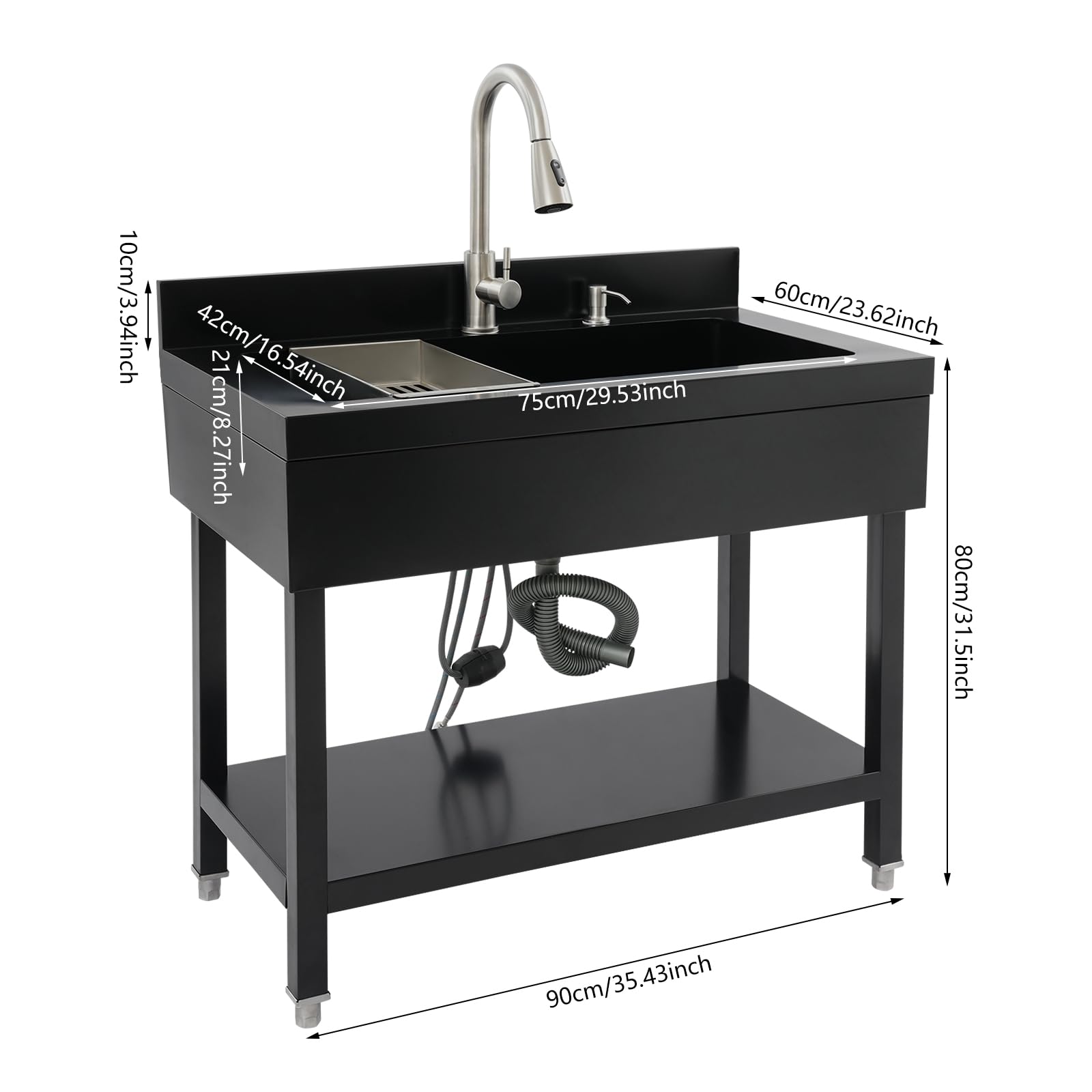 Fregadero de cocina independiente de acero inoxidable, 90 x 60 x 90 cm, fregadero individual extragrande, fregadero comercial con grifo extraíble y escurridor para lavandería, restaurantes (negro)