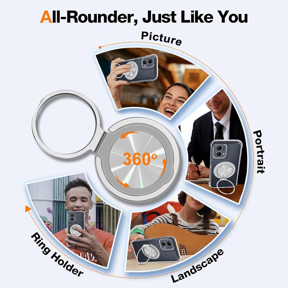 Compatible for Motorola Moto Edge 2024 Phone Case with Glass Screen Protector 360° Rotatable Ring Holder Kickstand [Non Yellowing] Transparent 4 Corners Shockproof Protective Cover Case - Clear - Image 4