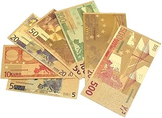 7PCS Gold Euro Bills, Souvenir Banknote 5/10/20/50/100/200/500 Euro Bill, Set of Colored Commemorative Bills with Gold Foil