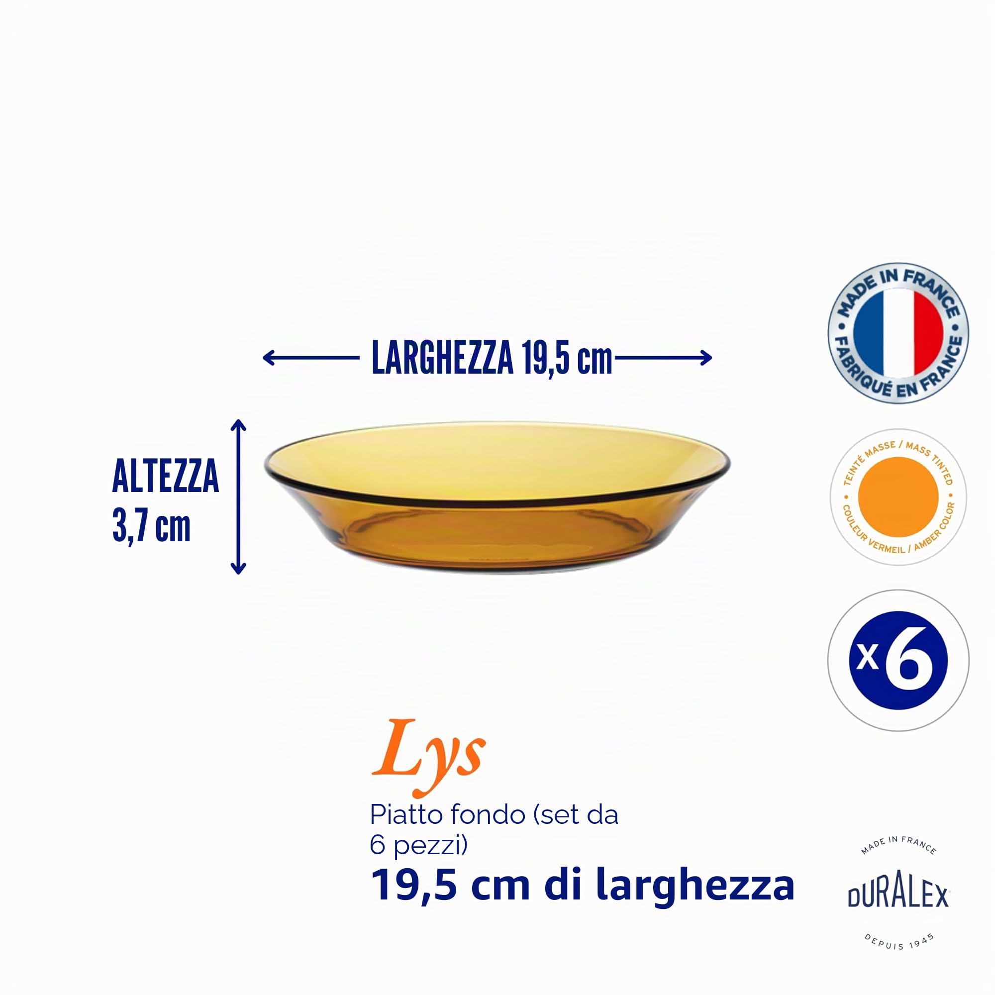 Duralex 3007DF06 Set di 6 Piatti Fondi in Vetro Vermeil, 19,5 cm