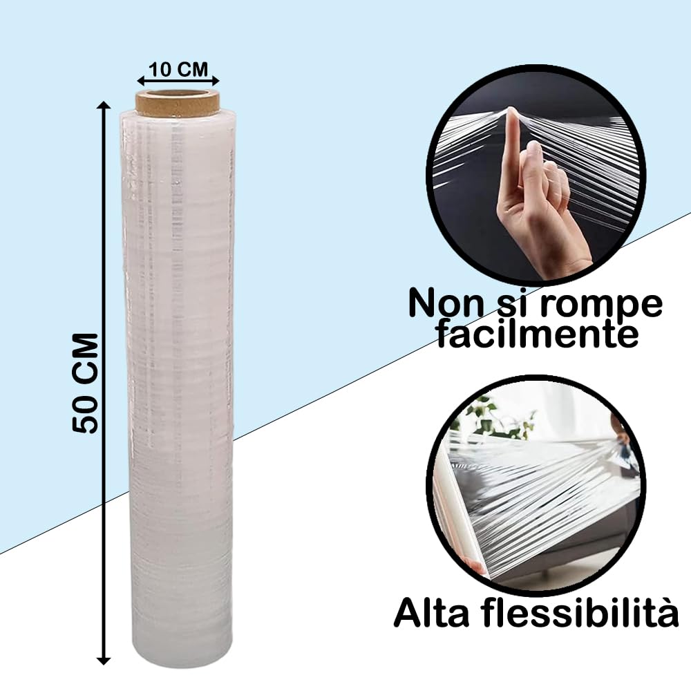 GM 18 Rotoli Film Estensibile Trasparente da Imballaggio, Kg.2,4 Alto 50cm Lungo 180 Metri(certificati) My23 - Pellicola per Spedizioni, Cellophane Extra Resistente per Pedane Pacchi e Trasloco