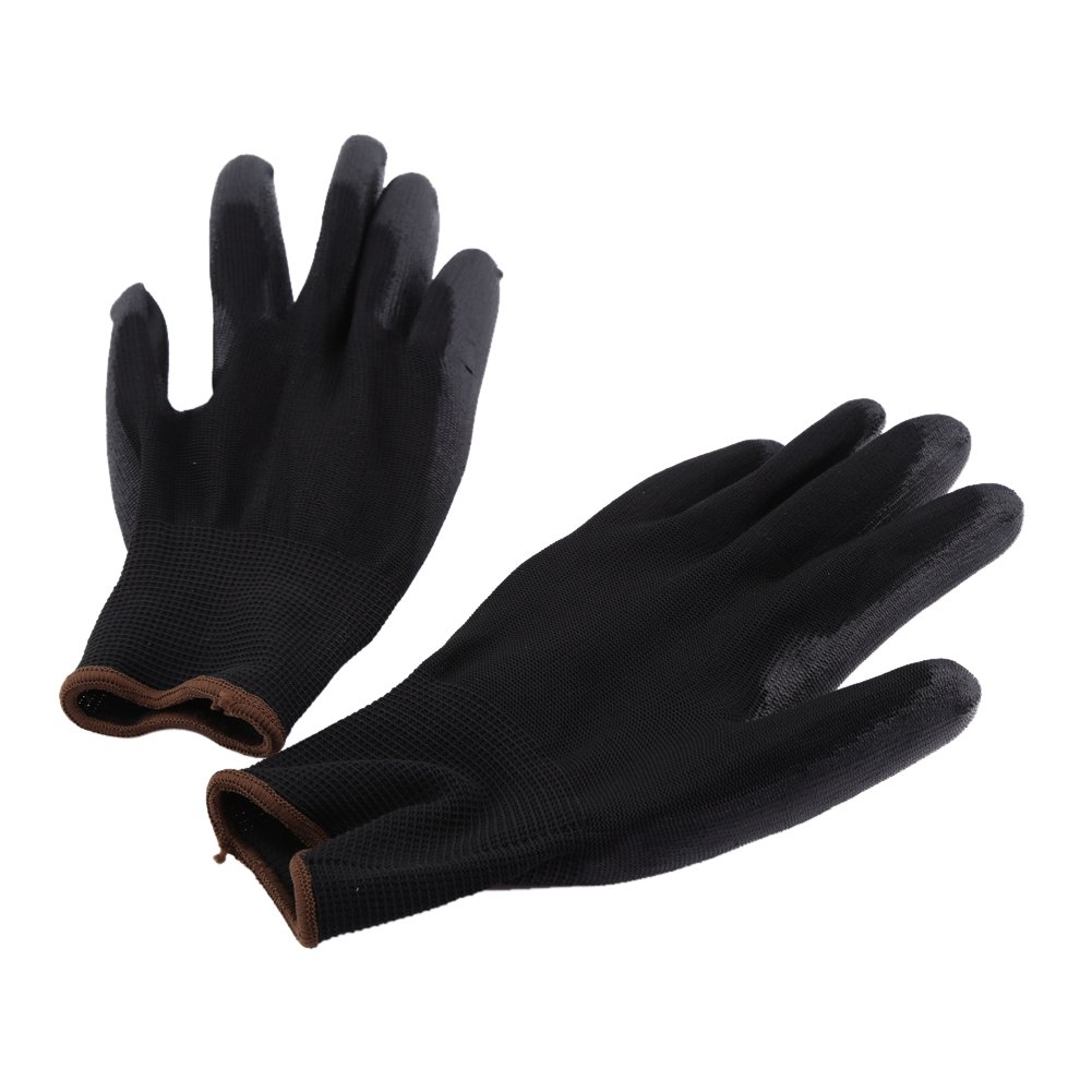 Marhynchus 12Pairs Black Nylon PU Safety Palm Coating Work Gloves High Elasticity and Comfortable Work Gloves for Precision Works and Gardening (9L)