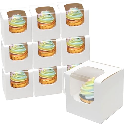 Miniatura 7 de qiqee Paquete de 60 cajas para magdalenas autoemergentes individuales para cupcakes, color blanco, 3.5 x 3.5 x 3.5 pulgadas, cajas individuales para