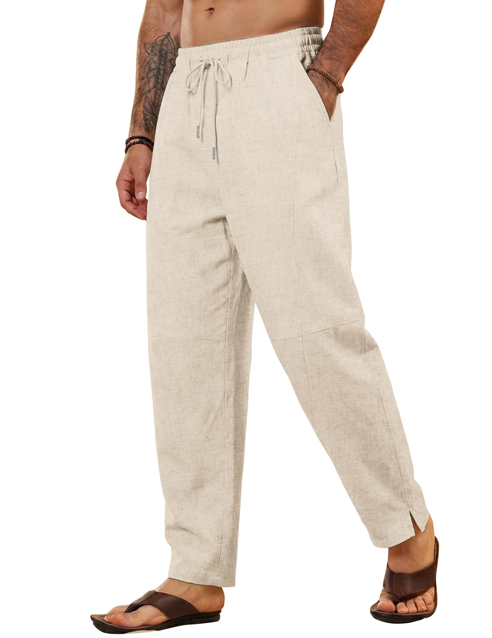 Men's Linen Harem Drawstring Pants Casual Elastic Waist Lightweight Trouser Hippie Summer Beach Yoga Pants