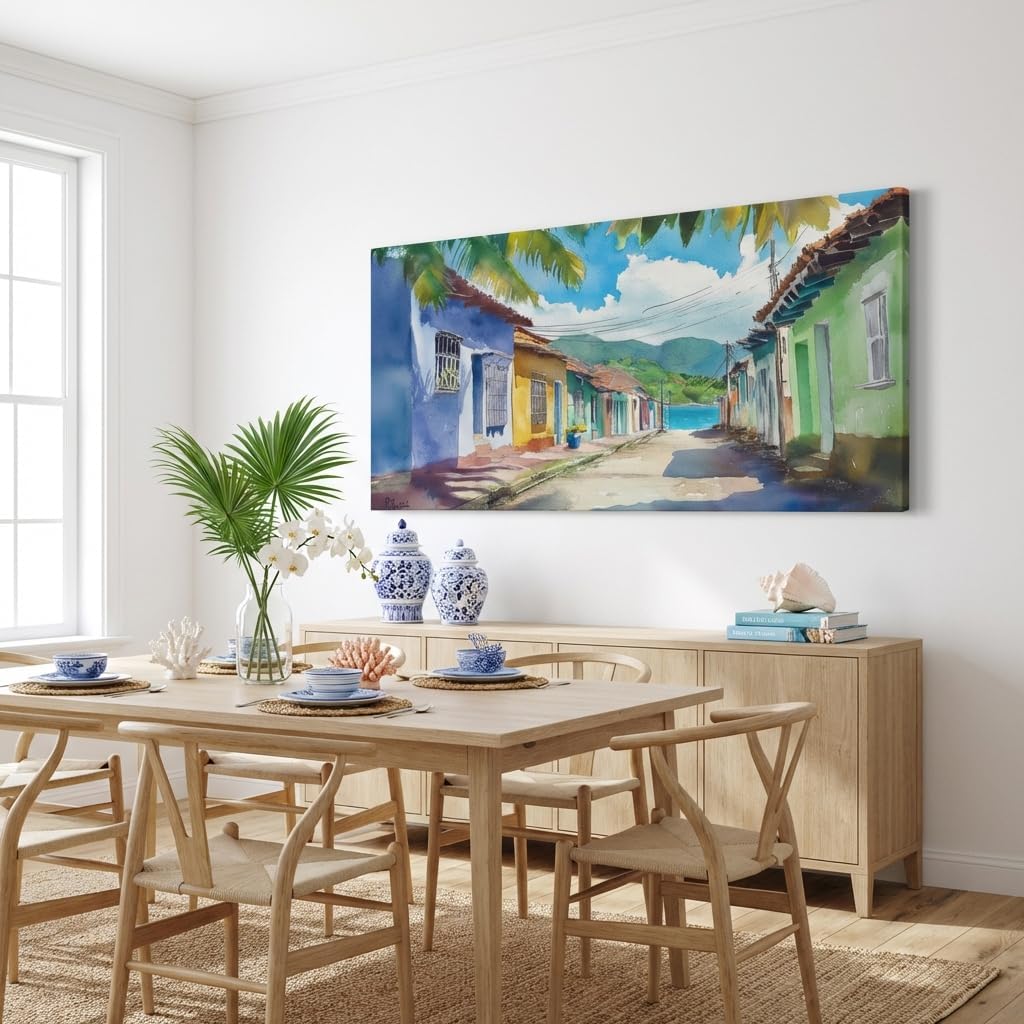 ZESTRILIA Caribbean Street Wall Art Paintings Watercolor Seaside Village Print Canvas Painting Prints Coastal Scenic Modern Artwork Office Living Room Bedroom Décor (40x20 Inches)