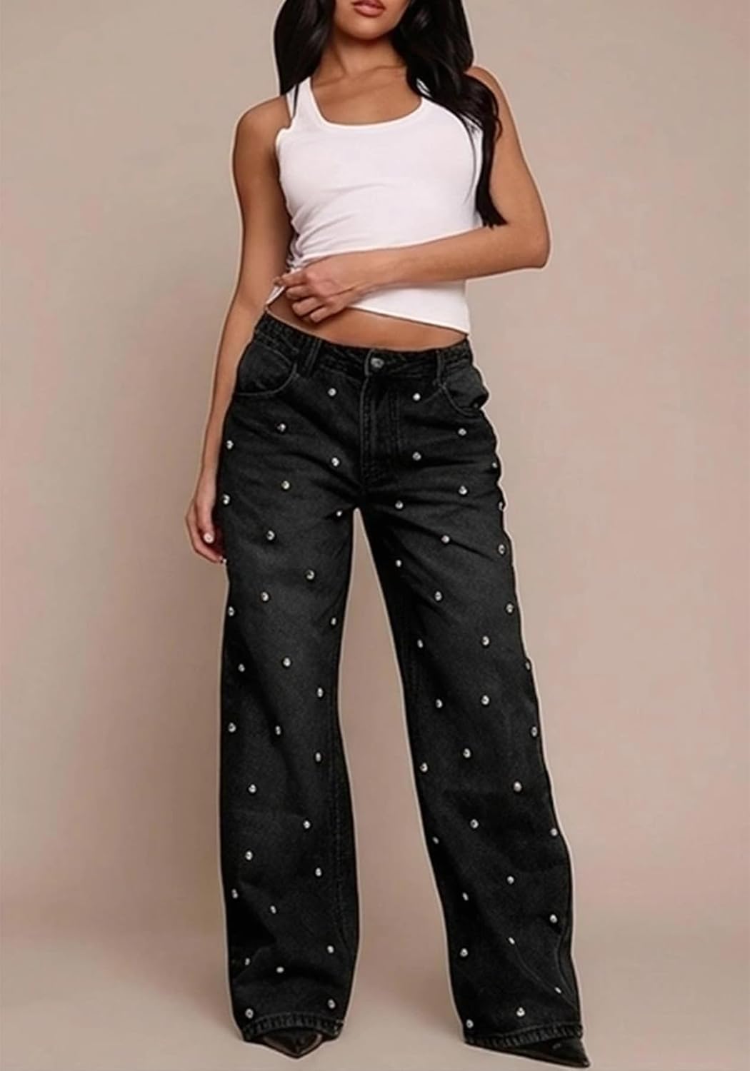 Unybwonn Women Straight Leg Jeans Rhinestone High Waisted Wide Leg Pearl Denim Pants Bling Glitter Studded Y2k Trousers