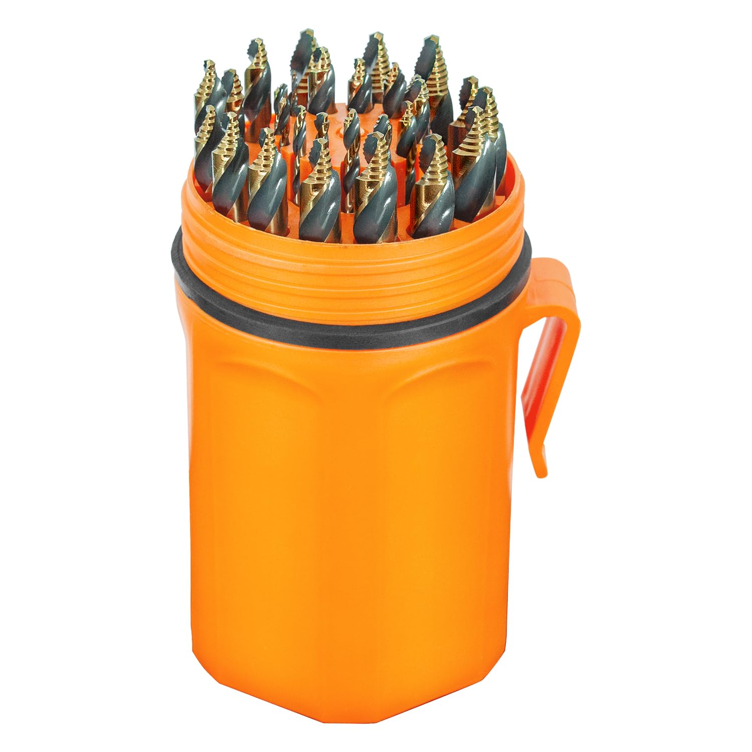 29 Piece Cobalt Stepped Point Drill Bit Set in Round Case W/Gold Oxide Finish for Drillin…