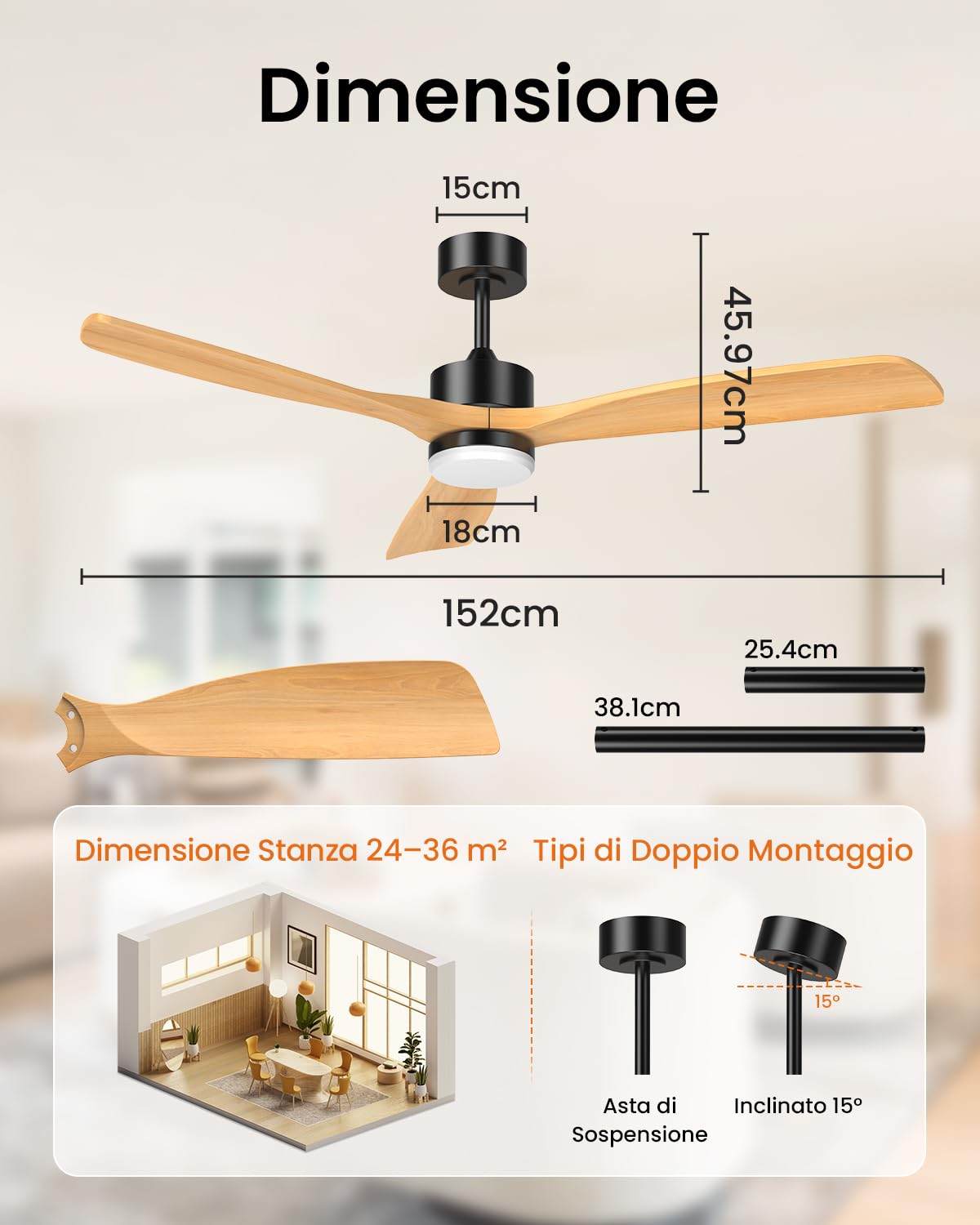 Airwit 152cm Ventilatore Soffitto Grande con Luce e Pale in Legno Massiccio | LED regolabile, telecomando, motore DC silenzioso e reversibile, per ampio soggiorno, terrazzo e spazio esterno