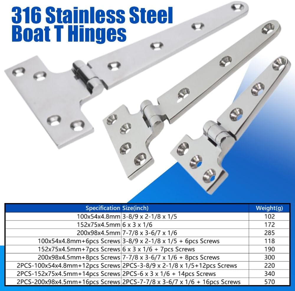 316 Stainless Steel T Hinges, Casting Cabinet Hardware Door Hinge with Screws, Boat Canopy Support Frame Kits, Cabinet Hardware - (2PCS-7-7/8 x 3-6/7 x 1/6 + 16pcs Screws)